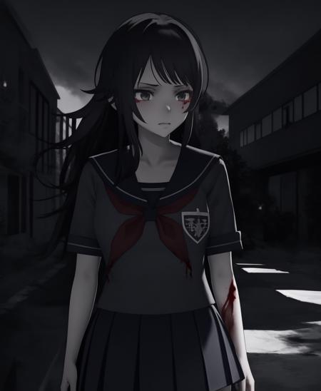 dark theme, yandere_style, 1girl, long hair, skirt, black hair, blood, upper body, <lora:yandere_style-10:1>, <lora:LowRA:0.8>