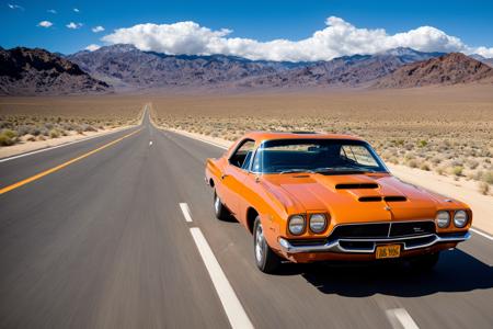 ((best quality)), ((masterpiece)), ((realistic)), (detailed),4K, absurdres, HDR, photography
ochre Plymouth Superbird 426 Hemi driving on the highway throught the death valley desert, chrome, glossy chassis, dramatic scene, thunderstorm with lightnings at the horizon, dramatic angle, low angle, (focus car:1.2), (motion blur:1.1), wide angle, dust cloud behind the cas, car moving at high speed, car in the centerâââ
