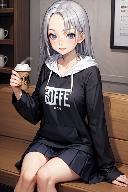 masterpiece, best quality, absurdres, KateTakayama, long hair, silver hair, forehead, sitting, coffee shop, hoodie, pleated skirt, smile, <lora:CHAR-KateTakayama:0.8>