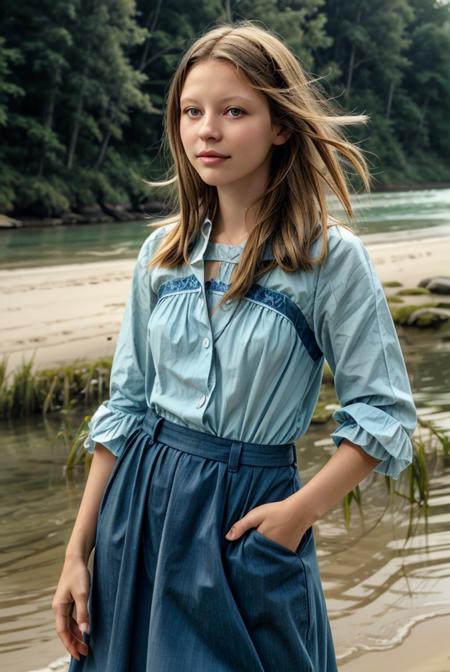 a profesional photo of 1girl mia goth,  smile, delicate body, slim body, slender body, small breasts, green dirndl, blonde hair,  on the beach  looking over her shoulder, perfect quality, masterpiece, ultradetailed, realistic, photorealistic, intricated details, perfect body proportions, ultraclear, bokeh, realistic lights, , cowboy shot, character focus <lora:Mia_Goth_actress:0.7> <lora:hyperdetailer_v095:0.74>