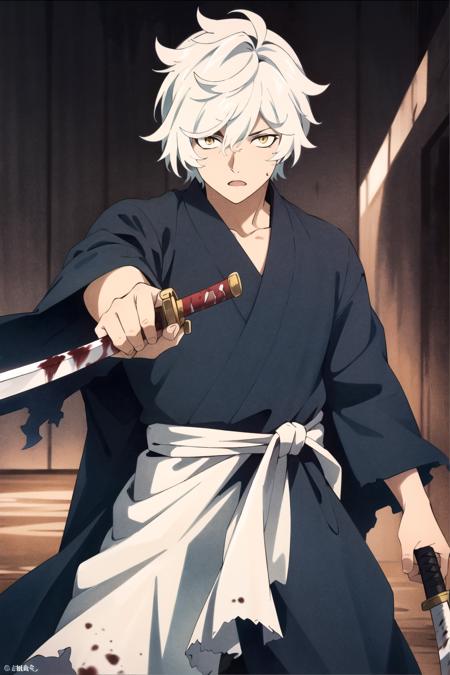 (masterpiece:1.2, best quality), Gabimaru, 1boy, male focus, holding katana, solo, white hair, yellow eyes, looking at viewer, torn clothes, black robe, white belt,  open mouth, closed mounth, indoor prison cell, blood splashes, blood, cowboy shot, detailed background, complex structures