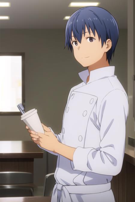 hiroomi souma, (brown eyes:1.3), blue hair, male focus, apron, buttons, waist apron, white pants, chef,