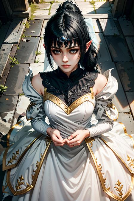 (masterpiece, best quality)
ShadowHBG, 1 girl, black hair, from above, white dress, pointy ears
<lora:epi_noiseoffset2:1>,  <lora:ShadowHeart:0.7>