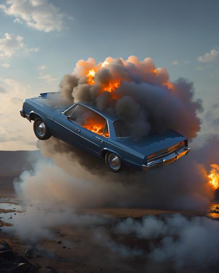 a car is floating  with expressions and smoke, Dirk Crabeth, david rudnick, concept art, hyperrealism<lora:Car_Dream:1>