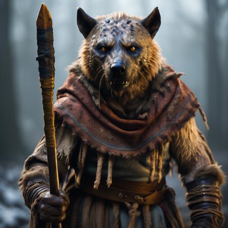 highly detailed documentary photo of gnoll:1.3,

solo, 1other, looking at viewer, holding weapon, staff, gauntlets, armor, scarf, yellow eyes, fangs, open mouth, male focus,  blurry, blurry background, realistic:1.3, mountain forest,

masterpiece, best quality:1.1, 

ultra photoreal, photorealistic:1.0, sharp focus:1.1, 
depth of field:1.1, 

50mm, style of Nathan Wirth, Hasselblad X1D II, Porta 160,
