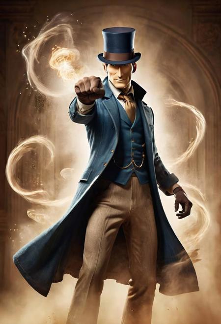 Surreal Harmony, Professor Layton in Jean Paul Gaultier Advertisement, Long Hair, Fighting stance Pose, Action Pose, fists in Motion, light cutting through dust, bright veil of light Emitter from fists Motion, very detailed, high quality, Studio,