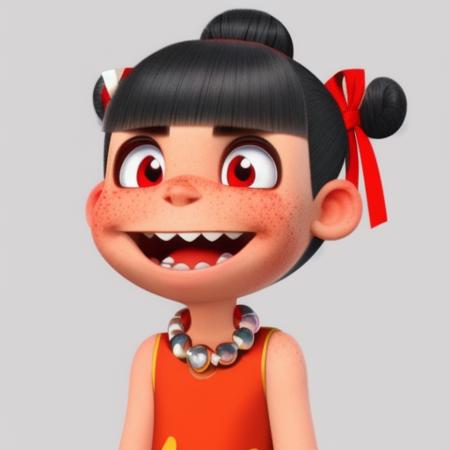 freckles,teeth, blunt bangs, necklace, hair bun, double bun,hair ribbon,necklace,red hair ribbon,forehead mark,dress,chinese clothes,short hair,black hair,sleeveless