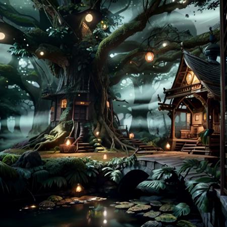 (masterpiece:1.2), (best quality,:1.2), 8k, highly detailed, fantasy, (extremely intricate), (photorealistic), professional light, cinematic lighting, ambient lighting, FanLan, <lora:FantasyLandscape-10:1> a tree house in the middle of a forest