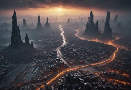 realistic, RAW photo, high quality, Stable_Yogis_PDXL_Positives, <lora:Big_Liminal:0.8> liminal, atmospheric, fog, sunrise, sunset, vanishing point of a huge <lora:INWYTK_02:0.1> inwytk02, made of circuitry, in <lora:backlight style:0.7> backlight style,<lora:Rainbow_Morph_-_bring_sunglasses:0.4> Rainb0w M0rph,  vast city with , in , featuring <lora:Moon:0.9> m00n, sand, rock, night, grey colors,<lora:Scifi_Environment_Concept_Art_SDXL_v2:0.9> scifi