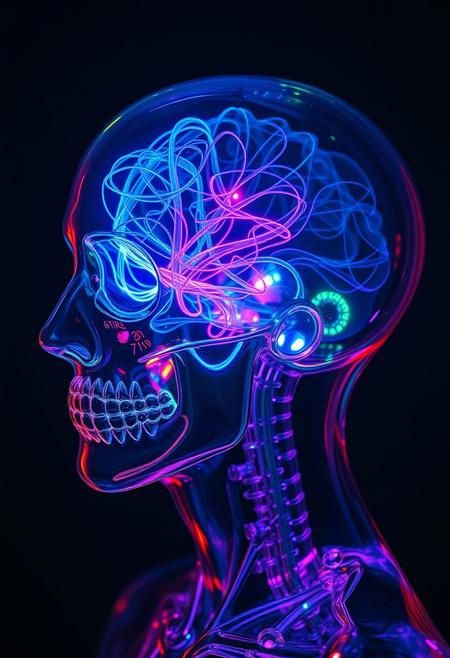 "Hyper-realistic, futuristic portrait: a person's head, crafted from transparent, flawless glass, is viewed from the side, revealing the intricate, neon-lit brain within. The brain's glass tubing network pulsates with vibrant, electric colors, as if alive, with delicate, swirling patterns of blue, green, and purple light dancing through the transparent cerebral cortex. The glass skull is so lifelike, it appears to be breathing, with subtle, organic curves and contours that defy its crystalline composition. The overall effect is one of eerie, futuristic beauty, as if the very essence of human consciousness has been distilled into this radiant, glassy vessel. Style: extremely detailed, photorealistic, with a focus on capturing the intricate textures and luminous colors of the glass brain."