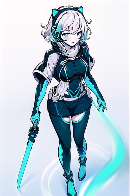 masterpiece,(best quality),(1girl) ,solo,1girl,icey,silver hair ,blue eyes,headphones, messy hair, short hair,factory, machinery, electricity, blue lightning,blue energy, 
 holding sword, energy sword,   glowing sword, science fiction,,glowing,holding,holding weapon,weapon,
(high contrast:1.2),(high saturation:1.2), ,((black and white sdress)),looking at viewer,((white and light blue theme:1.3)),((white and light blue background:1.5)),((walking:1.3)),full body,black footwear,((the light blue water on sky and white cloud and day)),((from above:1.2)),