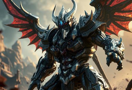 Gouki The Great Ogre robot,epic Harpies' Hunting Ground backgrounds details, black & silver, blue head/visor, red & silver chest plate/joints/spikes, tilted head, dynamic action pose, cinematic lighting, trending on Artstation, Octane Render, Unreal Engine 5 pro, WLOP style, 4K, intricate details, CGSociety, splash ink illustration, Raphael style, Houdini style, grammer effect, golden ratio.