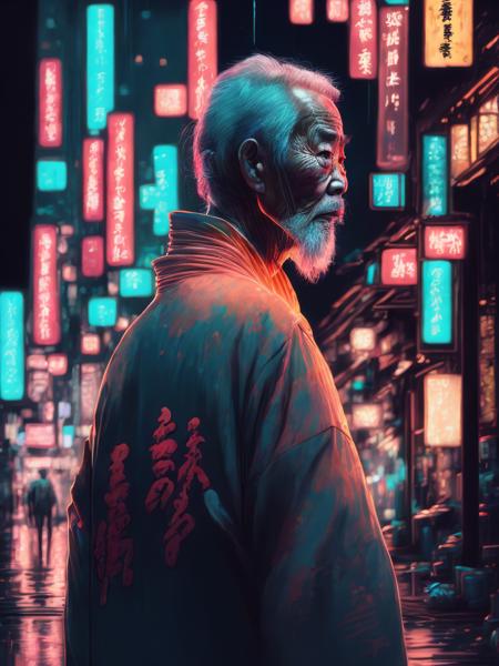 <lora:LiamWong:1>An old Asian man in a kimono as a cyberpunk character in a city street. Night, neon signage, Japanese writing, futuristic, concept art, painting, illuminated, close up, detailed, glowing.