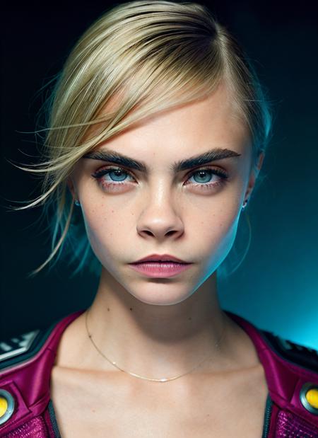 portrait of Cara Delevingne, hot , wearing embroidered , with dirty blonde Layered haircut , background space station epic (photo, studio lighting, hard light, sony a7, 50 mm, matte skin, pores, colors, hyperdetailed, hyperrealistic), <lyco:Cara Delevingne:1.1>