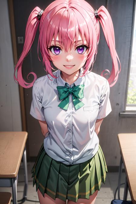 best quality, masterpiece, portrait, close-up, standing, nana astar deviluke, twintails, pink hair, purple eyes, flat chest,  smile, school uniform, green skirt, pleated skirt, sainan high school uniform, looking at viewer, classroom, arms behind back,
<lora:Kizuki - To Love Ru - Nana Astar Deviluke:0.9>