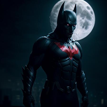 cinematic film still of  <lora:Batman Beyond SD1.5:1.2>
Batman Beyond a man in a stealth dark batman costume standing in front of a full moon, shallow depth of field, vignette, highly detailed, high budget, bokeh, cinemascope, moody, epic, gorgeous, film grain, grainy