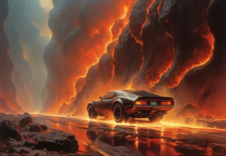 A sleek, high-performance car races down a twisted, fiery highway that stretches deep into the abyss of Hell. Flames erupt from the cracked asphalt, casting a red-orange glow on the sleek, futuristic car with glowing rims. Around the track, demonic figures cheer from the jagged rocks, their faces twisted in glee as infernal engines roar. The landscape is filled with towering lava flows, molten rivers, and jagged cliffs of brimstone, all beneath a blood-red sky swirling with ash. Lighting is dramatic, with fiery reflections dancing off the car’s metallic surface, contrasted against the shadows of the hellscape scenery


best quality, masterpiece, painting, concept art,  ,professional,perfection,visually stunning,mesmerizing,disturbing,highly detailed, intricate,painted in high resolution,close-up, primary colors, no gradients,high dynamic,in motion,motion lines,colorful,color contrast,dense fog,wind,glossy,rain,night,multiple moons,overdriver,afterburner,  (no humans:1.5),retrofuturistic,
<lora:John Harris Style:0.8> John Harris Style page,H.R. Giger, Frank Frazetta, Wayne Barlowe,Ronan Le Fur,Ben Templesmith,John Howe,Alan Lee,Syd Mead,Chesley Bonestell,Chris Moore
