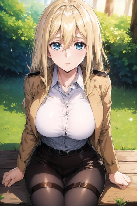 (day:1.7), Forest background,
sitting on the floor,
brown jacket,long sleeves,thigh strap,white shirt, military uniform,belt, Black_pencil_skirt,pantyhose, 
 <lora:Historia_Reiss_AOT-KK77-V1:0.85>,thigh strap, thighs,<lora:Front_Innocent_repack-KK77-V1:0.3>,
blonde hair,blue eyes,bangs, Long_hair, (hair between eyes:1.3),
1 girl, 20yo,mature female,Beautiful Finger,Beautiful long legs,Beautiful body,Beautiful Nose,Beautiful character design, perfect eyes, perfect face,
looking at viewer,
NSFW,official art,extremely detailed CG unity 8k wallpaper, perfect lighting,Colorful, Bright_Front_face_Lighting,
(masterpiece:1.0),(best_quality:1.0), ultra high res,4K,ultra-detailed,
photography, 8K, HDR, highres, absurdres:1.2, Kodak portra 400, film grain, blurry background, bokeh:1.2, lens flare, (vibrant_color:1.2)
(Beautiful,Large_Breasts:1.2), (beautiful_face:1.5),(narrow_waist),