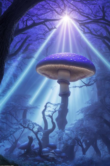 misty enchanted forest, glowing mushrooms scattered on the forest floor, ancient trees with twisting branches, soft blue and purple lighting, gentle fog rays through trees, fantasy magical vibe, high detail forest floor