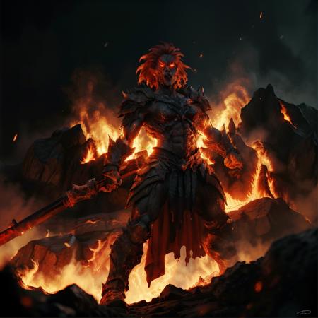 highly detailed cinematic photo of a fire giant, 1girl, 
flaming eye, full armor, glowing eyes, molten rock, muscular,  orange hair, red hair, open mouth, holding weapon, 

(full body:1.2),

realistic, depth of field, blurry background,

mountain on fire,

photorealistic,
analogue photography,
low key lighting,
