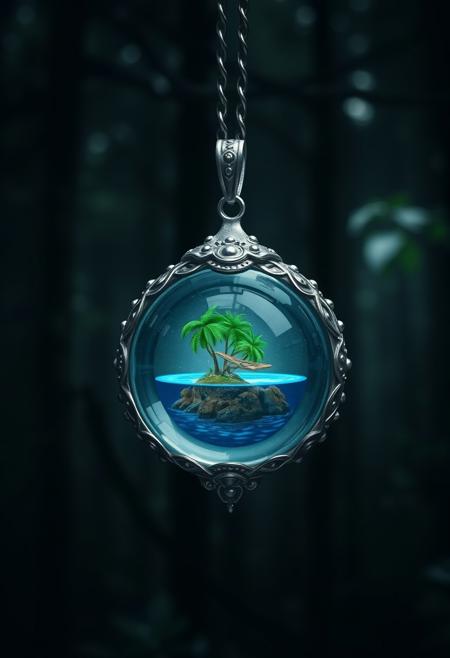a silver covered detailed pendant with a crystal ball in it, hanging in a dark forest, the crystal ball contains a tropical island