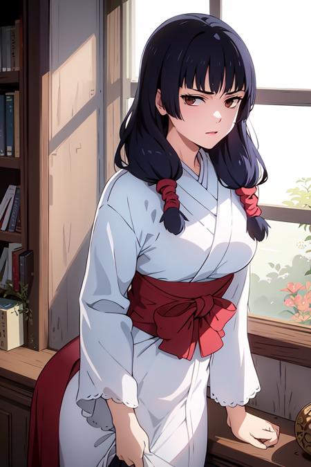 masterpiece, ((ultra detailed background, delicate pattern, intricate detail)), (highly detailed, fine details), best quality, beautiful lighting, ((medium breasts, slim girl)), Utahime, 1girl, solo, black hair, long hair, brown eyes, japanese clothes, twintails, miko, blunt bangs, red hakama, complex detailed background, inside, castle room environment, medieval castle, gray walls, window, bookshelf, (cowboy shot), <lora:Utahime:0.75>