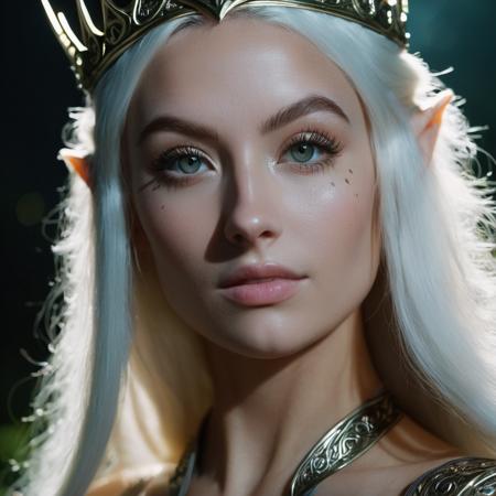 High quality closeup portrait photo of a high elven princess with perfect lips, (illuminated by moonlight), Nikon Z9, skin texture visible, (sharp focus), (high quality)