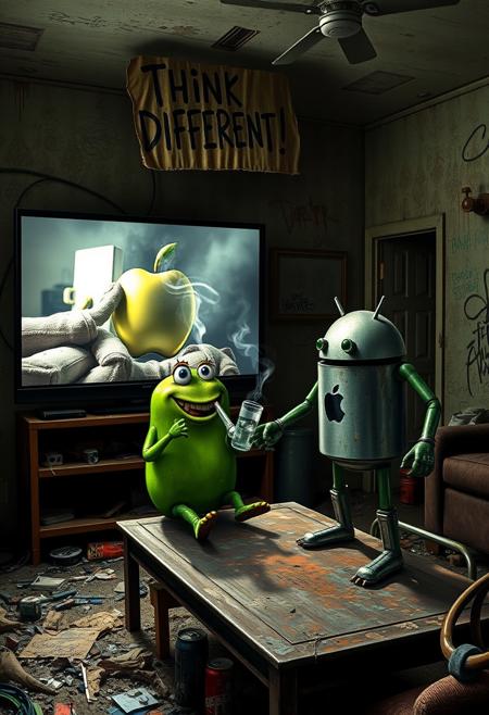 "In a grimy, dilapidated Florida crackhouse, a cartoonish green apple with exaggerated, glaring eyes and twisted limbs engages in a surreal confrontation with the iconic Android logo robot. The apple, seated on a battered, stained coffee table, grins menacingly, clutching a glass pipe. Wisps of smoke curl up from the pipe, drifting through the harsh, flickering light of a massive OLED TV mounted on the wall.
The TV blares an unnervingly vivid Apple computer commercial, its bright visuals casting sharp, unsettling shadows across the room. The walls are covered in grime and graffiti, with peeling wallpaper and broken fixtures. The floor is littered with trash, broken furniture, and empty cans, adding to the squalid atmosphere.
The Android robot, with a rusted, dented exterior and malfunctioning eyes, stands in a defensive stance with twitching antennae. Above the TV, a warped, grimy cardboard sign with 'Think Different!' hangs crookedly. The sign’s jagged, irregular lettering is illuminated by flickering LEDs, casting eerie shadows on the peeling stucco walls.
The air is thick with the stench of mildew and decay, mixed with the acrid smell of smoke from the apple's pipe. The green apple’s glossy skin and the Android’s grimy, rusted body are highlighted by the cold, flickering light, enhancing the bizarre and unsettling scene in this derelict, drug-ridden setting."