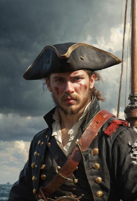 1man, Pirate, a masterpiece painted in the style of Anders Zorn | Marco Mazzoni | Yuri Ivanovich, oil on canvas, pirate hat, combat pose, ship and ocean background, saber, azkal, on a ship, clouds,belt, tanned skin, young man, freckles, skin detail, single scar on face running through lip, storm clouds in the background, godrays, epic lighting, haze,