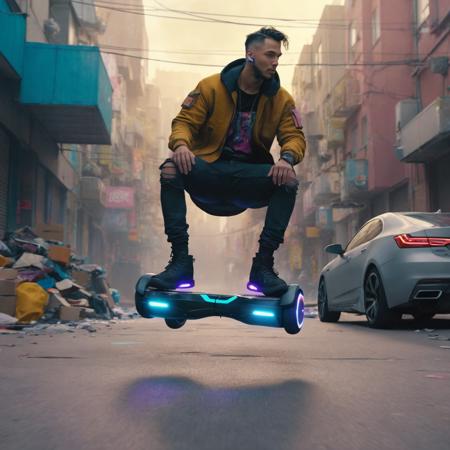 cyberpunk man floating on a hoverboard down a trashy cluttered street, cyberpunk setting,  ((futuristic technology)), full body view, soft natural lighting, intricate detail, colorful