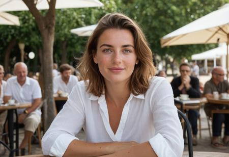 Riviera Glow - Place des Lices, Saint-Tropez**
*The Leica SL3 with 50mm f/1.4 Summilux lens creates an intimate hyper-realistic portrait of our character - her green eyes sparkling with amusement as she leans forward at a café table, short tousled hair falling casually across her forehead. The morning light reveals every natural detail: the faint freckles across her nose bridge, the barely-there fine lines at her eyes, the healthy glow of her makeup-free skin. She wears a classic white Marinière shirt with the sleeves rolled, revealing sun-lightened arm hair and the subtle texture of her forearms. At f/1.4, the plane trees and pétanque players behind her dissolve into dreamy bokeh, while her face remains tack-sharp, showcasing the camera's ability to render skin tones with both scientific accuracy and artistic warmth. The composition evokes the casual elegance of Slim Aarons' work, but with contemporary editorial impact.*