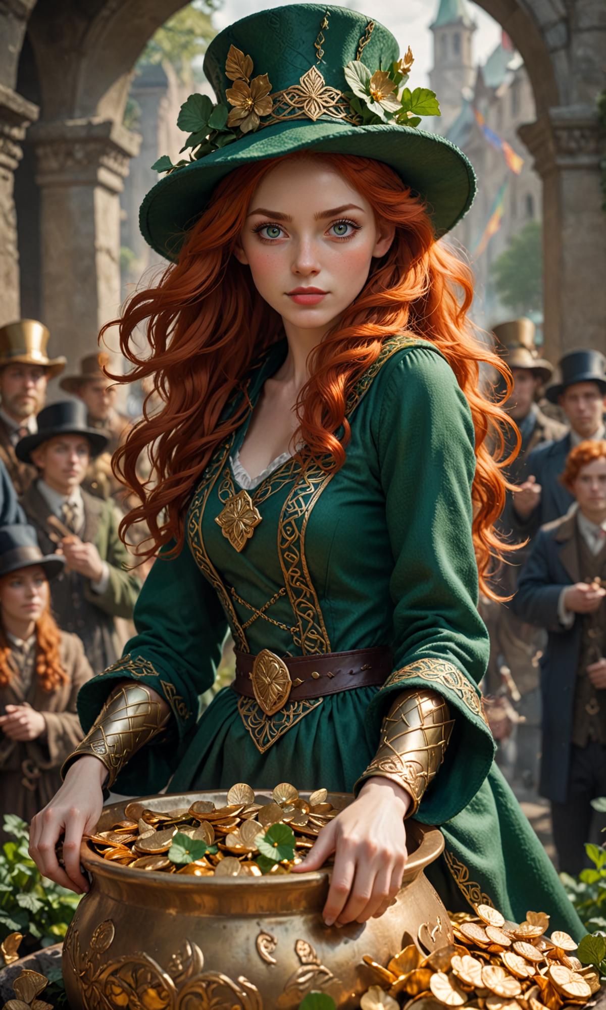 amazing quality, masterpiece, best quality, hyper detailed, ultra detailed, celtic, red head woman, red hair, green outfit...