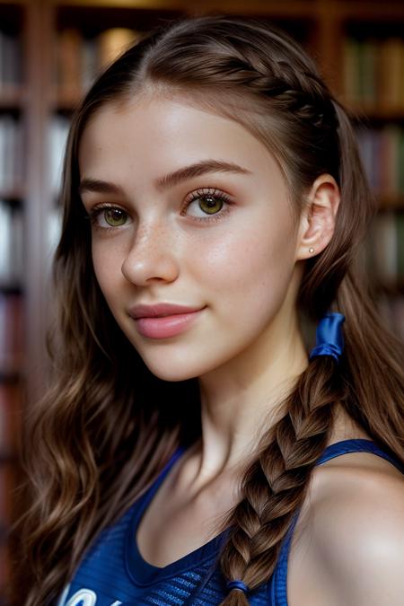 portrait of skswoman, :d , wearing sneakers , with Side braid , background haunted library epic (photo, studio lighting, hard light, sony a7, 50 mm, matte skin, pores, colors, hyperdetailed, hyperrealistic), <lyco:Olivia Casta:1.1>