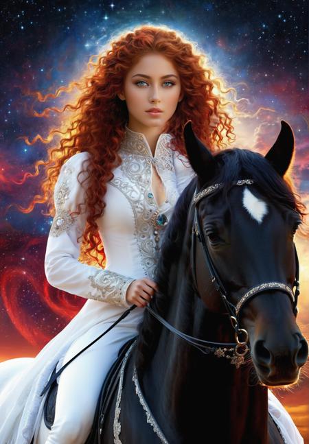 (masterpiece:1.5), top quality, best quality, official art, (beautiful and aesthetic:1.2), (full body portrait), (1girl She wears white princess clothes), (red curly long hair), (Riding a black horse:1.5), extremely detailed,(fractal art:1.3), (Gorgeous princess eyes), colorful, highest detailed(Fantasy background from the world of One Thousand and One Nights) <lora:add_detail:0.5> 
<lora:lora-sdxl-perfect-eyes:0.5> <lora: JuggerCineXL2:1>