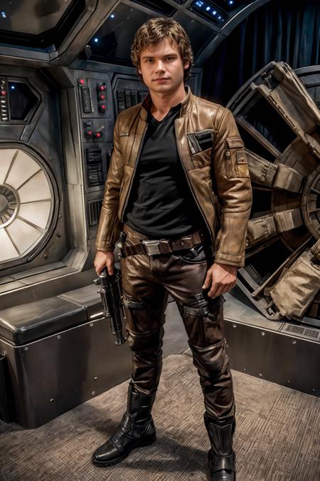 standing in front of the Millennium Falcon, HaydenRichards dressed in Han solo outfit, holding a blaster, standing next to a wookie, masterpiece, ((full body portrait))  <lora:HaydenRichards:0.8>