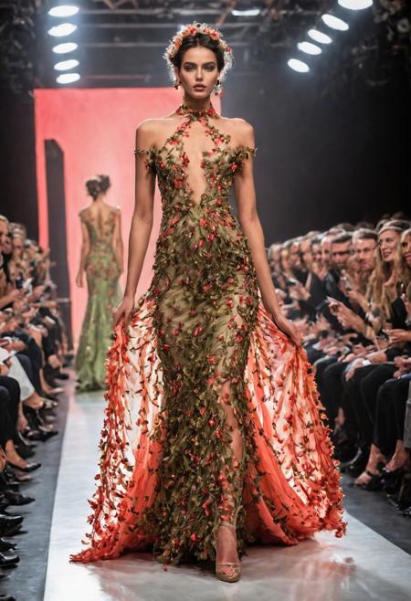 an olive skinned model on a catwalk wearing an elegant gown made of coralbugXL, fashion show, audience, colourful, aesthetic, award winning photograph