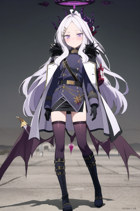 long hair,horns,white hair,purple eyes,halo,demon horns,parted bangs,hair ornament,coat,ahoge,long sleeves,1girl,coat on shoulders,hairclip,military uniform,uniform,gloves,military,looking at viewer,fur trim,multiple horns,solo,black gloves,skirt,black skirt,thighhighs,forehead,fur-trimmed coat,jacket,armband,sidelocks,wings,demon girl,belt,blush,demon wings,zettai ryouiki,black thighhighs,side slit,pencil skirt,boots,closed mouth,very long hair,miniskirt,black footwear,knee boots,double-breasted