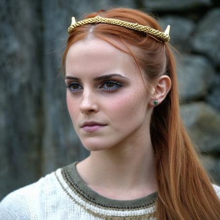 Portrait Photograph of a viking princess, skin texture visible, highest quality,Nikon P1000 camera, 135mm, f 2.8, looking directly at the camera, (symmetric:0.4),  <lora:emwatson_xl_1_standard_merge_29_72_100_03_03_05:1>