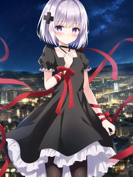 ((masterpiece)),(((best quality))), ((ultra-detailed)), ((illustration)), masterpiece, best quality, highres, {beautiful detailed eyes}, finely detail, 4k wallpaper, beautiful detailed eyes, perfect lighting
kagari, (kagari_chan:1.1), (white hair, short hair:1.0), (ribbon, black dress, hair ornament:1.2), (very long red ribbon floating in the air:1.1), flat chest, purple eyes, looking at viewer, black pantyhose, (standing in a city, cityscape:1.1),(shy, blush:1.1), (ribbon, wrist ribbon:1.0), (night, starry sky:1)
<lora:kagari_chan-16:0.6>