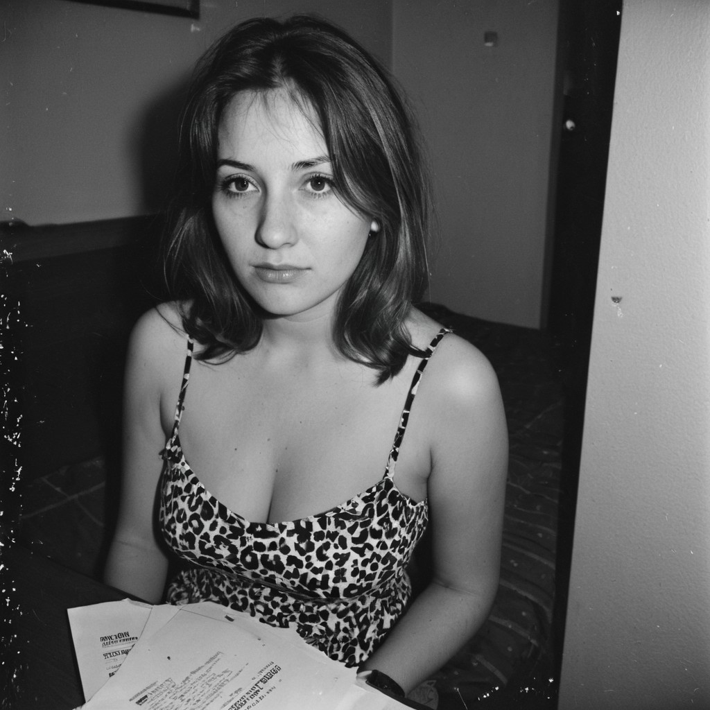 german woman 35 years old sitting in a motel room,  watching away , face in shadow, dim lit, very low light, from top, ilford hp5 analog film, 6x6 camera, artsy, ultra wide angle, contact test, damaged print, faded, light leaks on print,grainy,blurry, pixelated, motion blur, vignette, scratches on print, damaged scan, Kodak Motion Picture Film Style