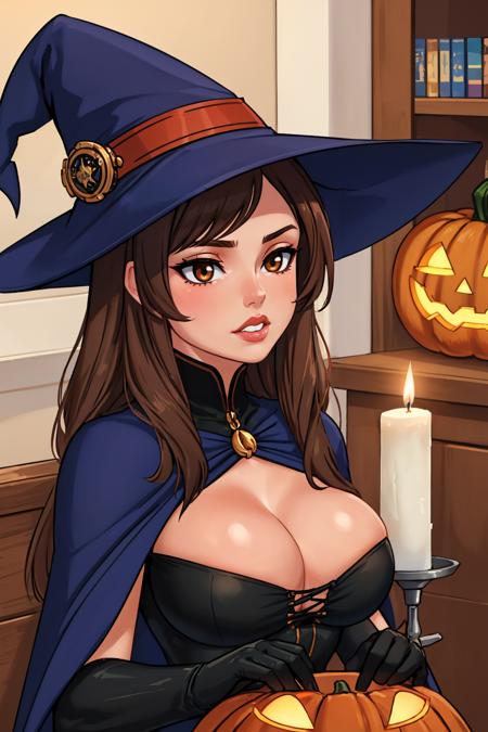 (masterpiece, best quality:1.2),  <lora:flick:1>, flick, 1girl, hat, solo, witch hat, jack-o'-lantern, pumpkin, brown hair, gloves, halloween, witch, long hair, breasts, black gloves, lips, brown eyes, cleavage, candle, capelet, blurry