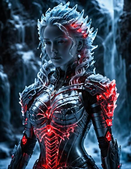 ice_art,masterpiece, best quality, ice woman, sci-fi armor with black and red colors, glowing elements, ice hair <lora:ice_art:1>