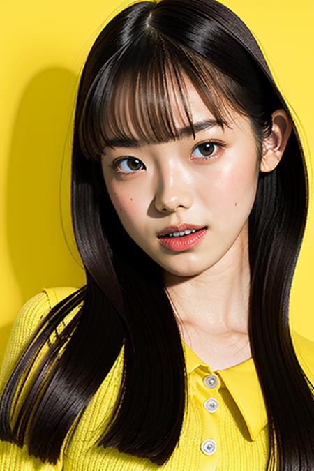 (best quality,masterpiece:1.2),high detail,photo realistic,(((1girl))),kohaku,18 years old girl,<lora:kohaku_v01-000006:1>,(((upper body))),((bangs)),black hair,bright skin,straight hair,((long hair)),(((flat chest))),(perfect face:1.3),bright lighting,((beautiful detailed eyes)),beautiful detailed nose,(extremely detailed face:1.2),((flat lighting)),standing,((simple background)),((((yellow background)))),front -face,good face,(wind lift),(wind from front),looking at viewer,(yellow collared knit),((contrapposto)),photo shooting studio,