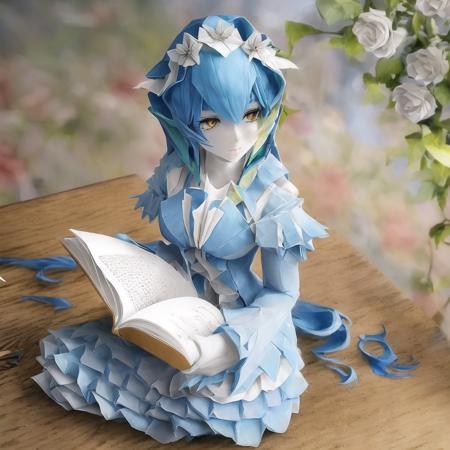 materpiece, best quality, ultra-detailed, made of paper, a beautiful origami girl reading a book,sitting, curvy hair, blue hair, beautiful face, full body, (in a classroom:1.2), colourful flowers, <lora:origamiV1:0.8>