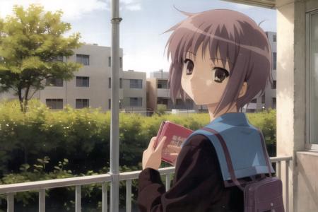 <lora:NagatoYuki_V1.0:0.8>, 1girl, nagato yuki, school uniform, outdoors,