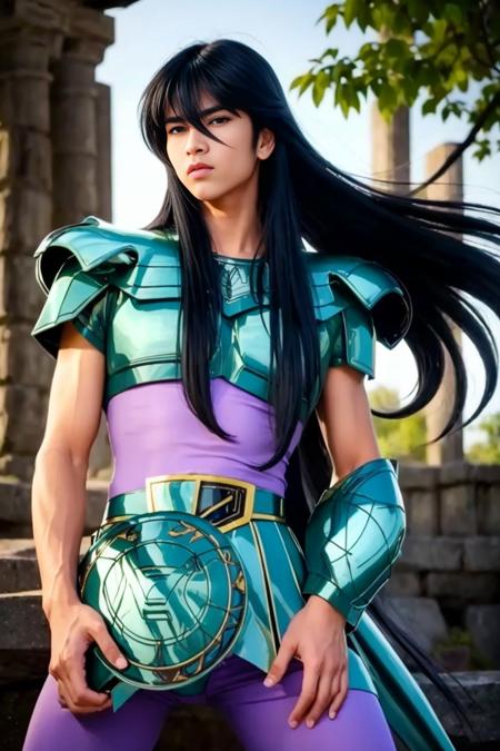 <lora:Dragon Shiryu_V4:0.55>, (1 boy),(MASTERPIECE:1.2),(REALISTIC:1.6),(ILLUSTRATION:1.2),Slender,8K, long black hair ,remove  helmet,
 balanced eyes,Dragon Shiryu wearing green silver armor,(purple pants),purple short sleeve shirt, dynamic pose, armor on arm,
rock cliff background , very detailed background ,(THAI:1.0), (JAPANESE:1.0)