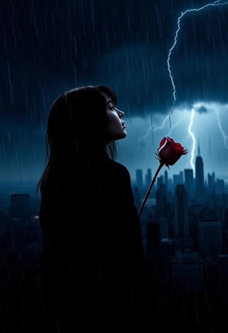 A hauntingly beautiful scene: a lone figure with dark hair and pale skin, holding a wilting rose, stands in rain, gazing at a distant, rain-washed city skyline under a stormy, dark blue sky punctuated by lightning flashes. Rich burgundy and deep blue tones create a dramatic, cinematic, film-like composition with sophisticated lighting.