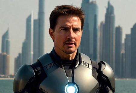 Focus on facial features such that the photo cannot be reject as AI generated. Cinematic  Masterpiece dynamic (cinematic shot:1.6) (Tom Cruise as Iron Man) action pose in [(Manhattan)|(Nano Tech Suit Test)] (face looking pursuit:1.4) in [__medium__:photograph:0.5]  and ( davinci_:0.5), shout , detailed eyes, detailed pupils, clean face BREAK <lora:epi_noiseoffset2:0.50>, clear sky with clouds, Dubai beach, explosion, hand gun , jet pack, Dusk, mythic, fable, legend, digital art , [ : <lora:add_detail:0.7>:0.10] , symmetry, hyper realistic, detailed, intricate, best quality, hyper detailed, ultra realistic, sharp focus, bokeh, HQ, 8K, high angle RAW photo shot on IMAX, film grain, masterpiece photographic art, (photo realistic:1.6), depth of field, rule of thirds