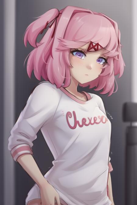 <lora:RaiionartStyle:0.8>, RaiionartStyle, (masterpiece, best quality, high quality, highres, ultra-detailed), <lora:ddlc:1>, natsuki, pink eyes, pink hair, two side up, hair ornament, hair ribbon, small breasts, short hair