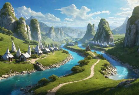 An elven village surrounded by white monoliths surging with magic at the bottom of green hills with a river running through it, clear blue skies in the background, by Thomas Kincade, Richard Sigamani, 8k photorealistic, cinematic lighting, HD, high details, dramatic, trending on artstation" -W 768 -n 5 -i -S 1133104360